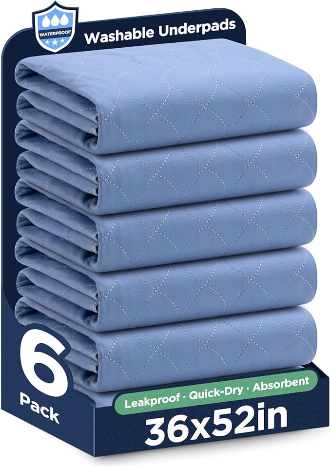 Washable Bed Pads 36" x 52" - 6 Pack, Blue, Waterproof Bed Pads for Incontinence, Bed Wetting Pads for Bed, Sofa, Floor, Resuable Underpads for Adults, Seniors, Pet