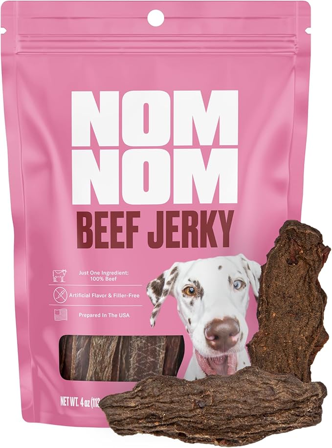 Nom Nom Beef Jerky Treats - All-Natural Dog Snacks for Training, Rewards, and Mealtime Toppers - Non-GMO, No Fillers, Preservatives or Added Ingredients - Prepared in the USA for Dogs