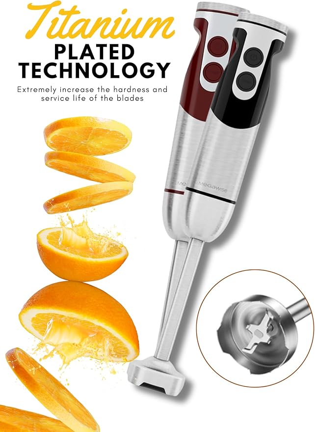 MegaWise 5-in-1 Hand Blender Set with Variable Speed Control, 400W Immersion Blender - Includes Whisk, Milk Frother, Chopper, and Beaker for Smoothies, Soups, and Baby Food (RED)