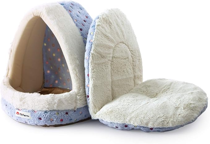 Tofern Dog Beds for Small Dog Cats Colorful Dots Pattern Striped Cute Fleece Warm Washable Igloo Pet Bed with Removable Cover