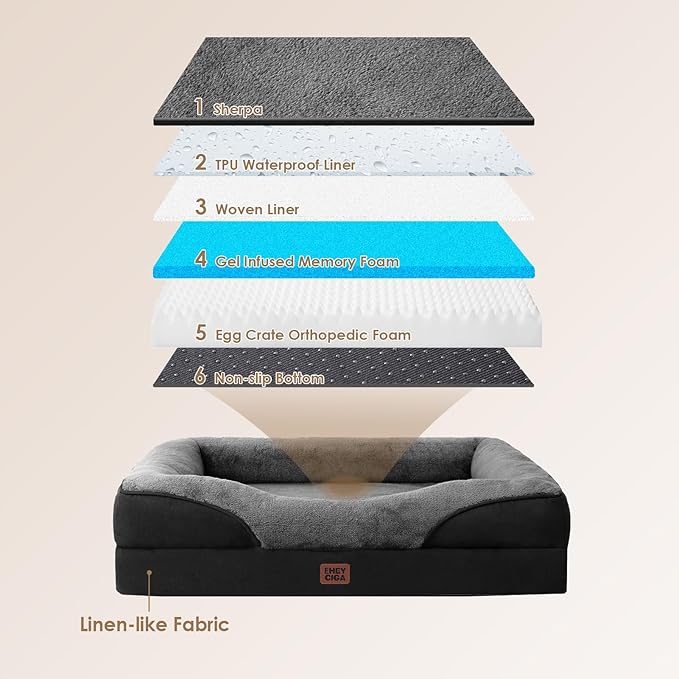EHEYCIGA Orthopedic XXL Dog Bed for Large Sized Dog, 52x41x8 Inch Extra Large Memory Foam Dog Couch Bed with Sides, Waterproof Liner & Washable Removable Cover, Bolster Pet Sofa, Grey/Black