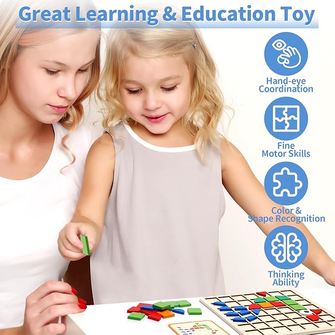 Montessori Tangram Educational, Geometric Shapes Puzzle Toys with 120Pcs Wooden Puzzle Blocks and 20Pcs Cards, Colorful Pattern Montessori Children's Educational Gifts for Kids Ages 3 and Up