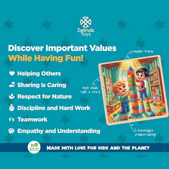 6 Educational Wooden Puzzles & Storybook, Teaches Kindness, Empathy & More – 6 in 1 Jigsaw Puzzle for Kids Ages 3-7 – Learn Real Values Through Stories – Montessori Puzzle Set 25 Pieces