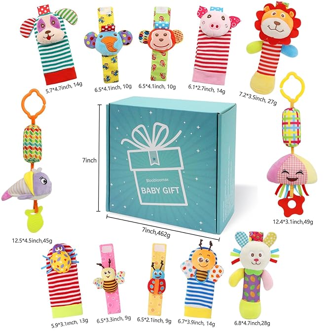 Baby Hanging Toy, Wrist Rattles, Rattle Socks, Handheld Wearable Washable Adjustable Rattle Toy, Newborn Present Baby Shower Birthday Gift Set for 0 1 2 3 Years Old Babies (12PCS-J)