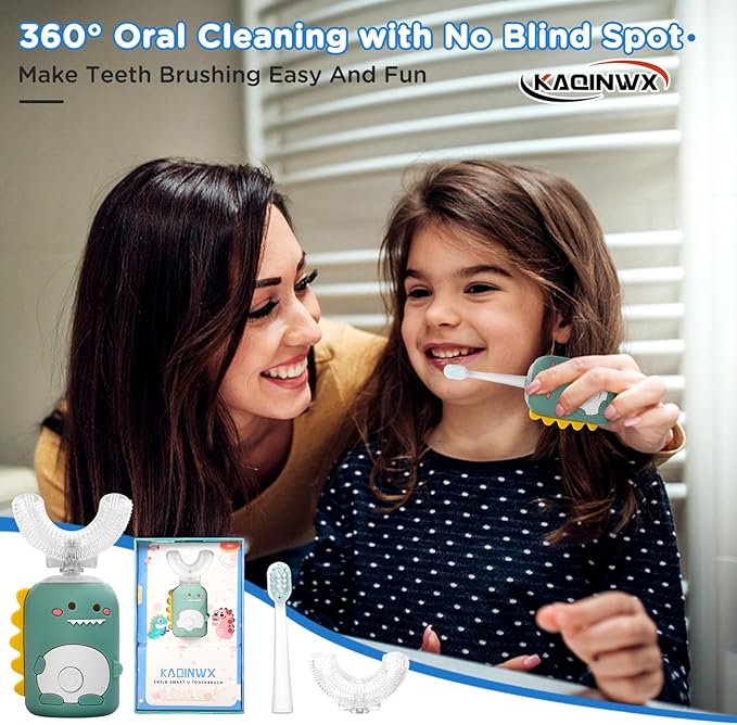 Kids U Shaped Electric Toothbrush for Age 2-12, Rechargeable Toddler Toothbrush with Smart Timer & 3 Clean Modes, Dinosaur Design, IPX7 Waterproof, 3 Brush Heads & 360°Cleaning