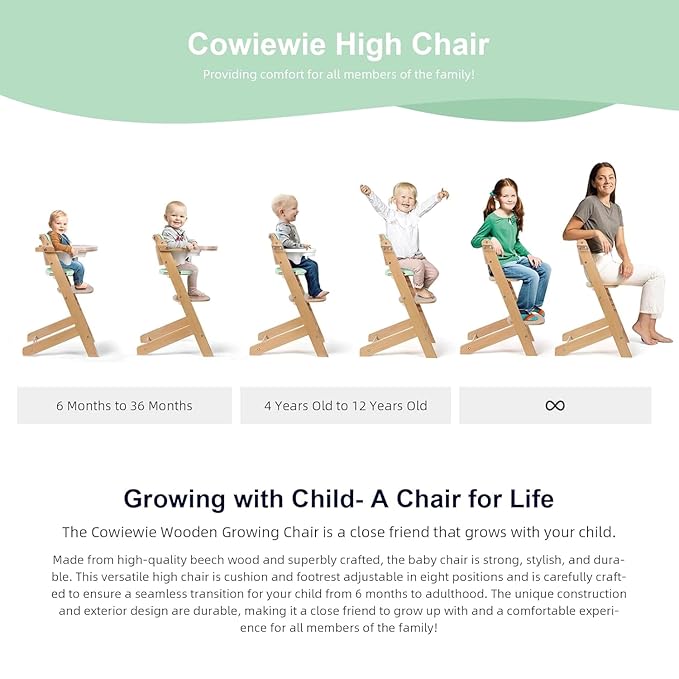 Cowiewie Natural Wooden High Chair for Babies & Toddlers 3-Tier Remove Adjustable Tray and Highchair with Cushions, Easy to Clean, Portable(Green)