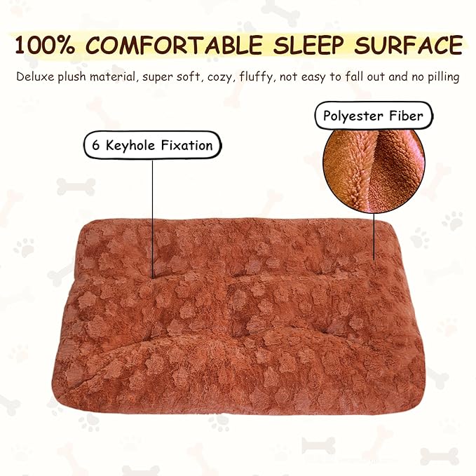 Washable Dog Bed for Small to Large Dogs, Calming Anti Anxiety Medium Dog Bed, Deluxe Plush Faux Fur Crate Beds, Comfy Fluffy Kennel Pad Pet Sleeping Mat with Non-Slip Bottom, 35"x22", Brown