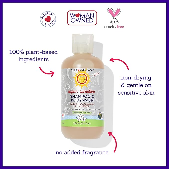 California Baby Super Sensitive Baby Shampoo and Body Wash | 100% Plant-Based | Gentle Fragrance Free Shampoo | Hypoallergenic | 251 mL / 8.5 oz