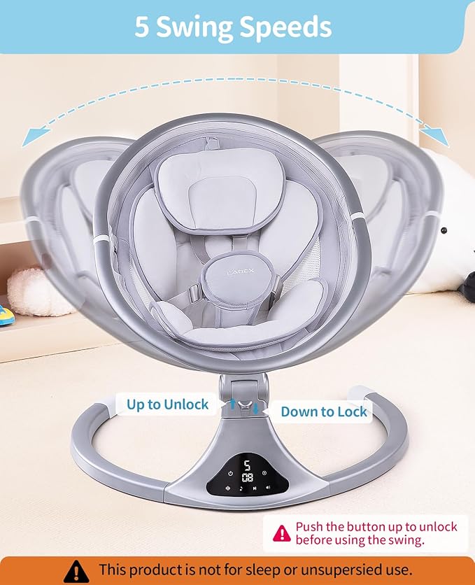 LAREX Baby Swing to Toddler Electric Infant Swing Portable for Newborn Boy Girl, 5 Sway Speeds with Remote Control, 12 Preset Melodies and Bluetooth, 0-6 Months Max 20 Lbs (2024 Model-Sliver)
