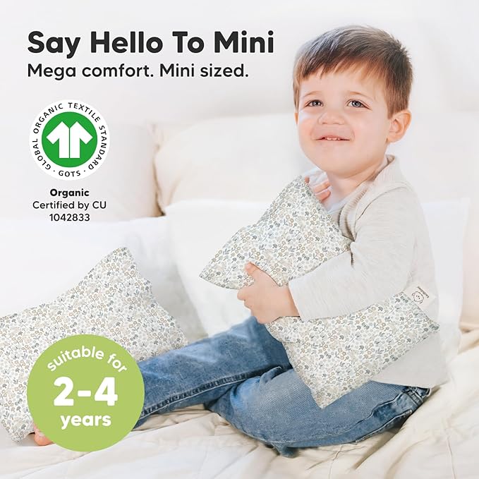 Mini Toddler Pillow with Pillowcase - 9x13 My Little Dreamy Travel Kids Pillow for Sleeping, Toddler Bed, Small, Tiny, Organic Cotton Pillowcase, Soft & Breathable, Kids 2-4 Years Old (Prairie)