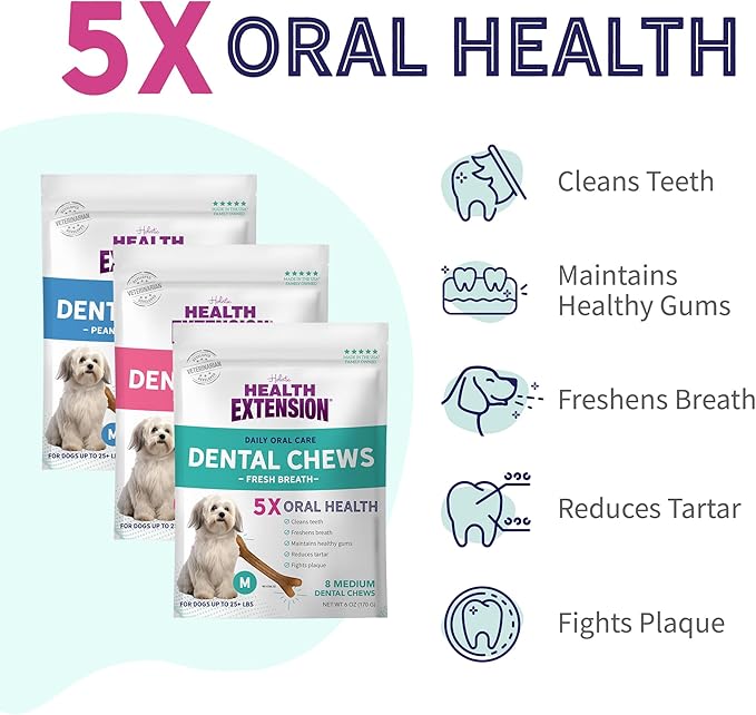 Health Extension Dog Chew Bone Treats Bundle - Peanut Butter, Fresh Breath, Probiotic Flavors (8 Medium Bones) - Tasty and Functional Chews for Healthy Dogs