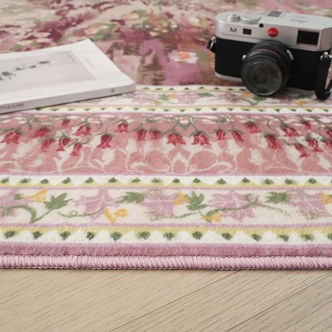 2x6 Runner Rug Impressionist-Style Vintage Kitchen Rugs Non Slip Washable Soft Carpet Runner for Kitchen Laundry Bedroom Bathroom, Pink