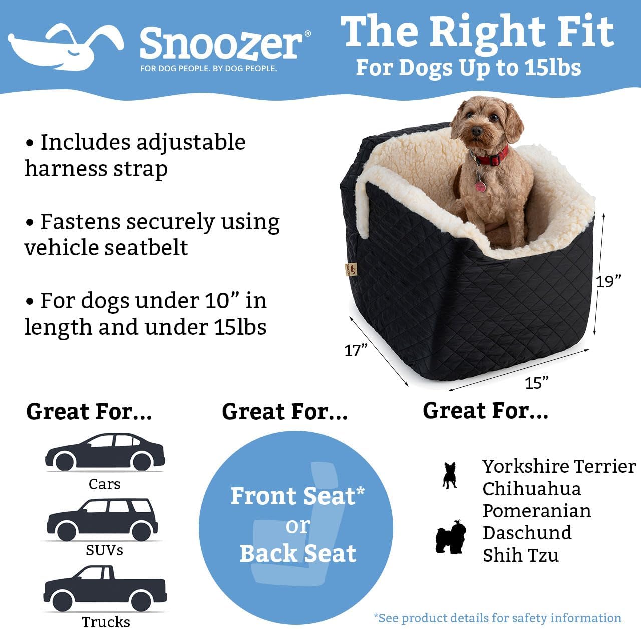Snoozer Dog Car Seat: Lookout I Booster Seat for Small Dogs (5-15 lbs), Denim Diamond Fabric, Machine Washable Cover