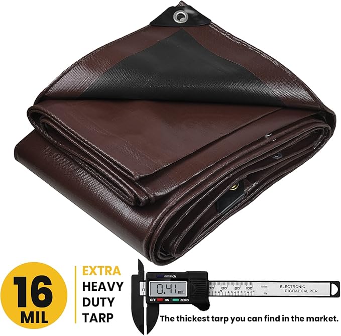 PROTARP Extra Heavy Duty 16 Mil Tarp Cover, Waterproof, UV Resistant, Rip and Tear Proof, Poly Tarpaulin with Reinforced Edges for Roof, Camping, Patio, Pool, Boat. (Brown/Black 16′ X 20′)