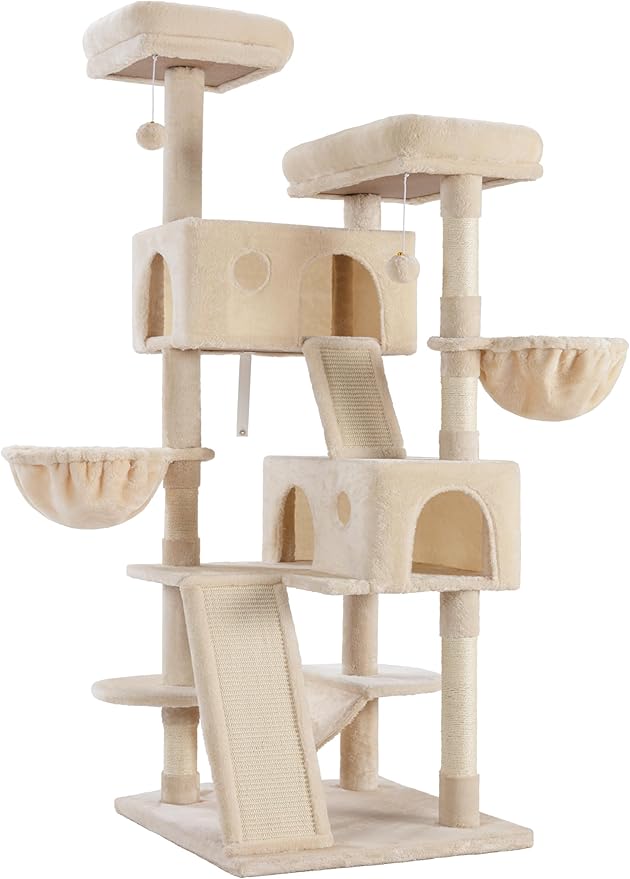 WEEWAY Cat Tree Tower for Indoor Cats,65'' Multi-Level Cat Furniture Activity Center,Stand House Condo Cave,Sisal Scratching Posts Ramps,Plush Perches Platforms Basket Hammock,Beige
