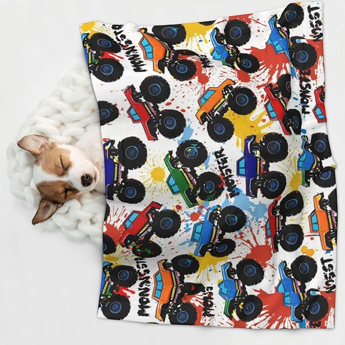 Dog and Cat Blanket in One, Grunge Monster Truck Car Art, Double Sided Plush Throw with Raised Dot Pattern on One Side and Flat Velvet on Other for Variety