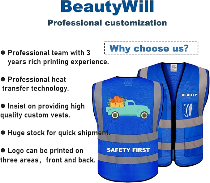 BeautyWill 5 Pack Mesh Safety Vest Custom Logo Class2 High Visibility Reflective Vest with 5 Pockets Construction Security Work Vest ANSI/ISEA Standards（Blue，3XL ）