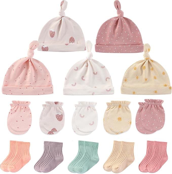 Newborn Baby Boy Girl Caps Mittens Socks Set Cotton Baby Essentials Accessories (Hats+Gloves+Socks)
