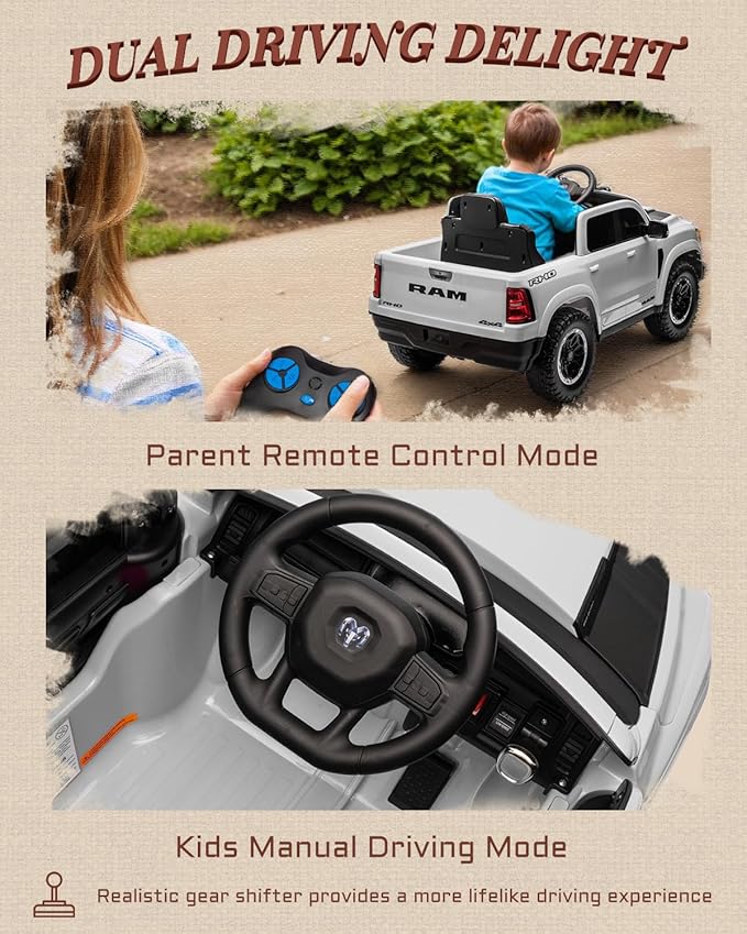 Licensed Ram 1500 RHO 12V Kids Ride on Truck, Toddler Ride on Toys with Remote Control, Children Electric Vehicles with Truck Bed Storage, Smooth Start, Music, Bluetooth (White)