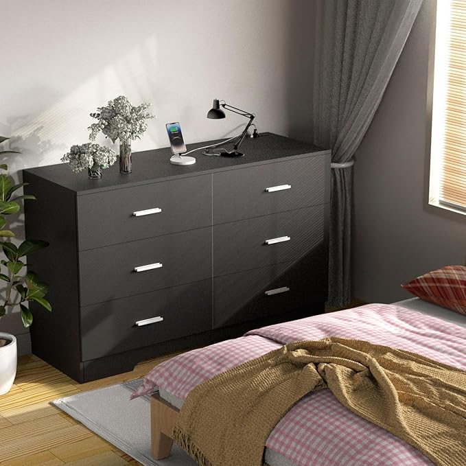 Dresser with Power Outlets Wooden 6 Drawer Dresser with USB and Type C Port Chest of Drawers for Bedroom Tall Black Organizer Storage for Living Room Hallway Closet