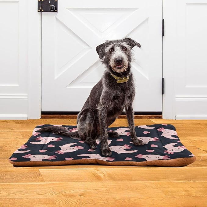 Emelivor Cute Axolotl Heart Black Dog Cat Bed Washable Crate Pet Bed Anti-Slip Comfortable Crate Pet Puppy Bed Mat for Indoor Small Medium Large Dogs,36x24in