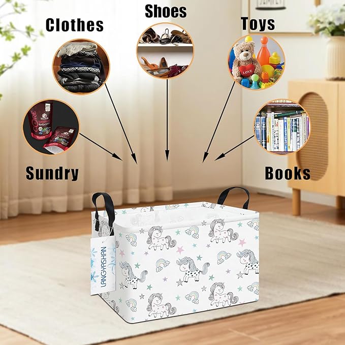 LANGYASHAN Rectangular Storage Bin Collapse Canvas Fabric Cartoon Storage Basket with Handles for Organizing Home Kitchen Boys and Girls Toys Office Closet Shelf Baskets (Rec Rainbow Unicorn)