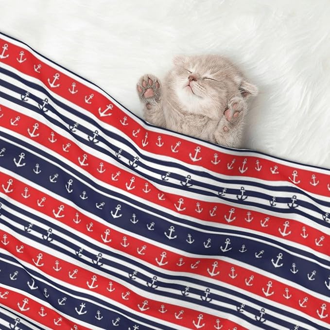 Two Sided Plush Pet Blanket for Warmth Comfort, Nautical Anchor Seamless Pattern Blue and Red Stripe, Reversible Throw with Cozy Nubby Side for Chilly Nights Napping Spots Around House