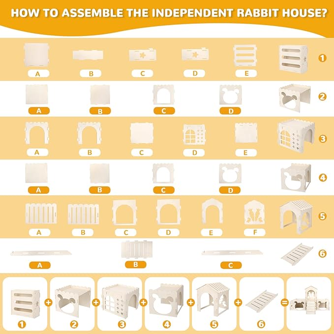 Large Rabbit Castle, Wooden Bunny House & Hay Feeder, Detachable Rabbit Hideaway, Indoor Rabbit Castle with Ramp, Small Animal Houses & Habitats