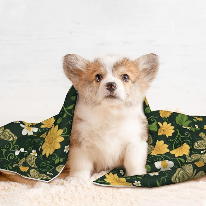 Reversible Pet Blanket for Sofa Protection Pet Comfort, Gold Flowers with Butterfly, Double Sided Design with Cozy Nubby Nap Side and Durable Smooth Play Side