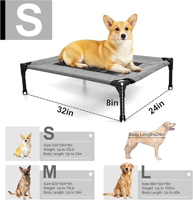 Raised Dog Bed Cooling Cot for Indoor Outdoor Use Portable Waterproof Mesh Pet Bed Washable for Large Medium Small Dogs, Grey