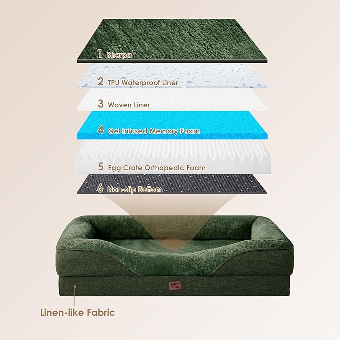 EHEYCIGA Orthopedic XL Dog Bed for Large Sized Dog, 48x35x7.5 Inch Extra Large Memory Foam Dog Couch Bed with Sides, Waterproof Liner & Washable Removable Cover, Bolster Pet Sofa, Dark Green