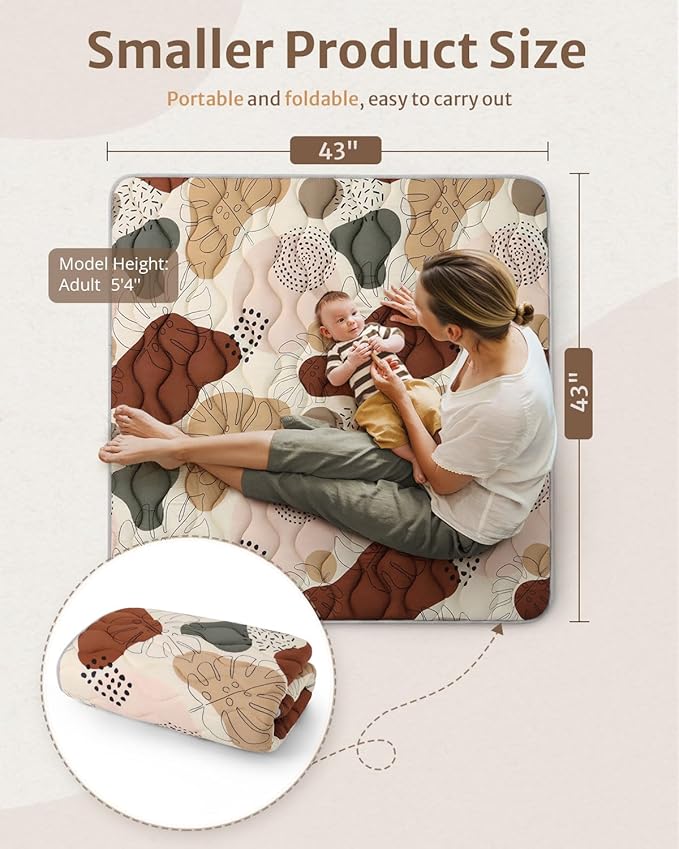 Blissful Diary Portable Baby Play Mats for Floor, Thicker Cushioned Foldable Baby Crawling Mat for Indoor Outdoor, Non-Slip & Washable Kids Playmat for Tummy Time Activity, Boho 43" X 43"