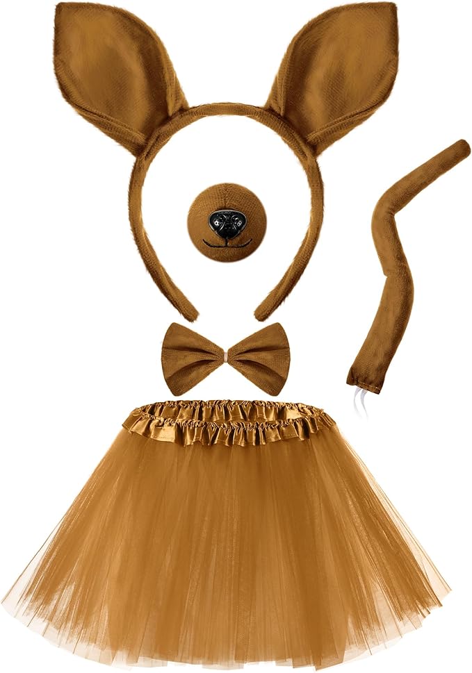 Zhanmai Mardi Gras Costume Kangaroo Costume Set Party Accessories Cosplay Outfit Kit Animal Tutu Skirt Ears Headband Bowtie Tail Nose (Dark Brown)