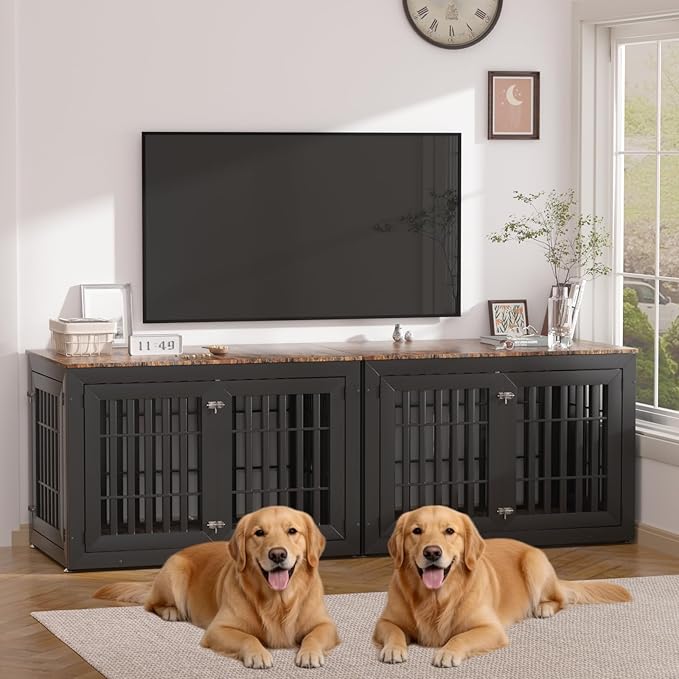 48" Heavy Duty Dog Crate Furniture for Small,Medium and Large Dogs,Rustic Wooden Dog Cage Kennel Indoor Furniture with Waterproof Top,Decorative Pet House Side End Table (Black & Wood)