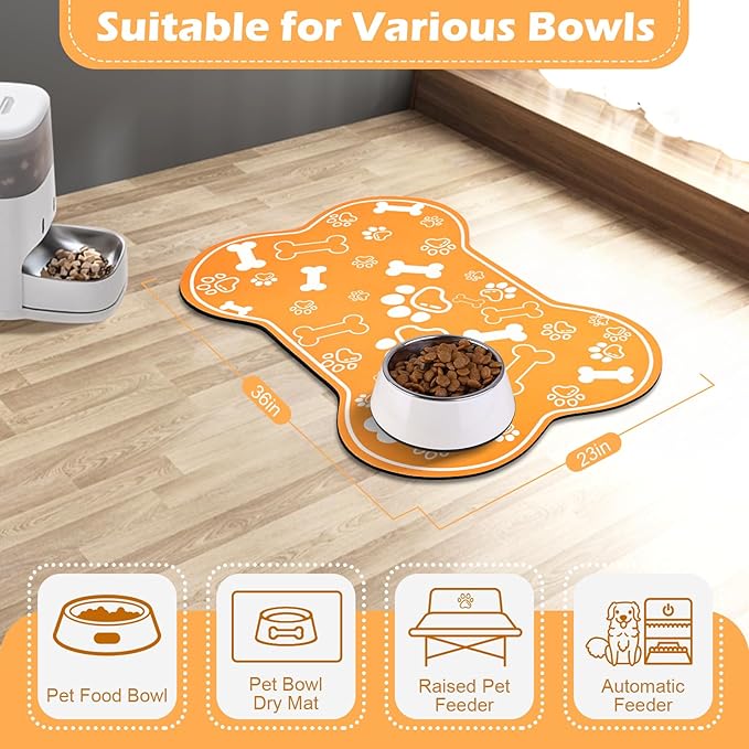 Dog Cat Mat for Food and Water,Rapid Absorbent Pet Feeding Mat, Bone Shaped Dog Placemat Bowl Mat with Rubber Backing,No Stains Pet Food Mats Indoor, Pet Accessories Supplies,Orange 23"×36"