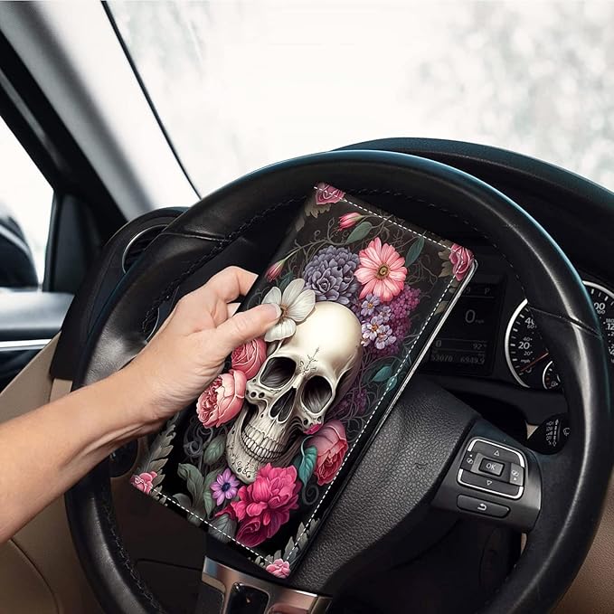 Car Registration & Insurance Holder, Leather Glove Box Organizer, Cool Accessories for ID, Driver's License Cards & Essential Documents, Men & Women's Business Cards, Rose Skull Flower