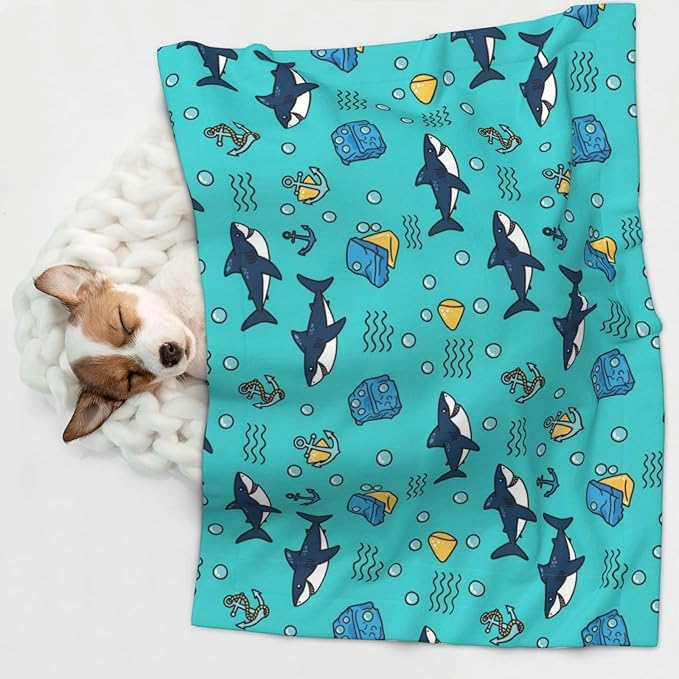 Two Sided Plush Pet Blanket for Warmth Comfort, Cute Shark and Anchor, Reversible Throw with Cozy Nubby Side for Chilly Nights Napping Spots Around House