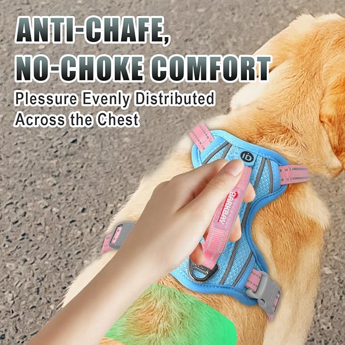 BARKBAY No Pull Dog Harness Large Reflective Dog Harness with Front Clip and Easy Control Handle for Walking Training Running with ID tag Pocket(Baby Blue & Baby Pink,XL)
