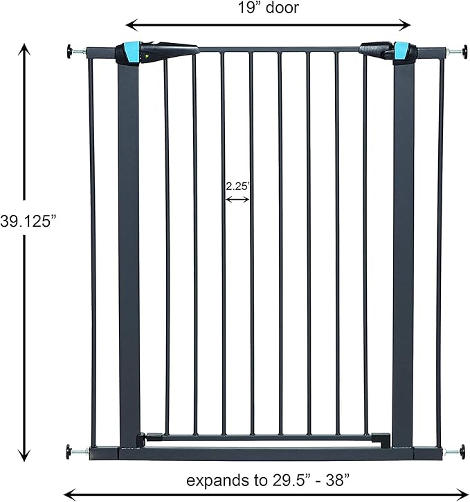 MidWest Homes for Pets 39 Inches Tall Walk-Though Steel Pet Gate, Pressure Mounted Dog Gatewith Glow Strip Measures 29-38 Inches Wide & Includes Two 3-Inch-Wide Extensions, Graphite