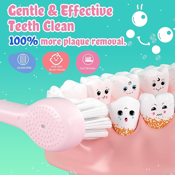 SEAGO Kids Electric Toothbrushes Rechargeable, Toddler Electric Toothbrush with Magnetic Charging, LED Observing Light, 8 Toothbrush Heads for Ages 2-4-6 Boys Girls (Pink)