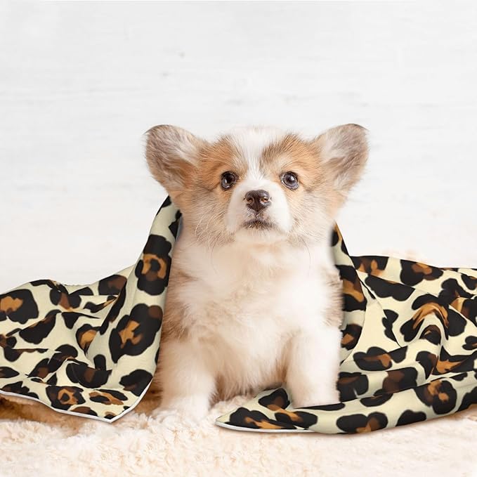Two Sided Plush Pet Blanket for Crates Carriers Home Use, Leopard Prints Printed, Reversible Throw with Cozy Dot Fabric and Silky Reverse for Small Large Pets