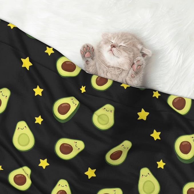 Pet Blanket for Indoor Outdoor Use, Avocado and Star Pattern Black, Two Sided Reversible Plush Mat with Bumpy Dot Texture for Patios Crates Portable Bed Companion