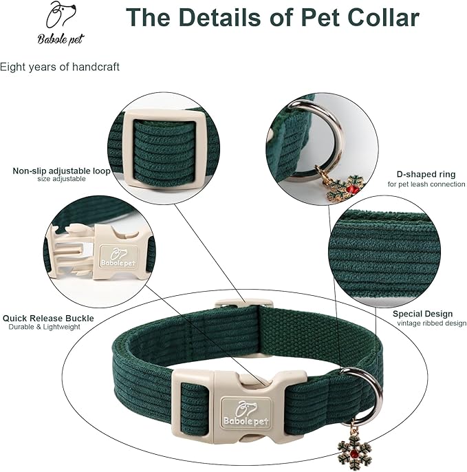 Cute Corduroy Dog Collar - Forest Green Adjustable Dog Collars for Large Dogs 50-80lbs, Fade-Proof with Secure Snap & Little Charm, Christmas Birthday Gift, L