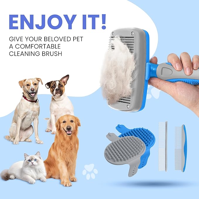 Self Cleaning Shedding Brush - 5-in-1 Professional Pet Grooming Kit Skin Friendly Grooming Tool for Dogs, Cats, and Puppies, Deshedding and Hair Removal for Long and Short Haired Pets（Blue-Grey）
