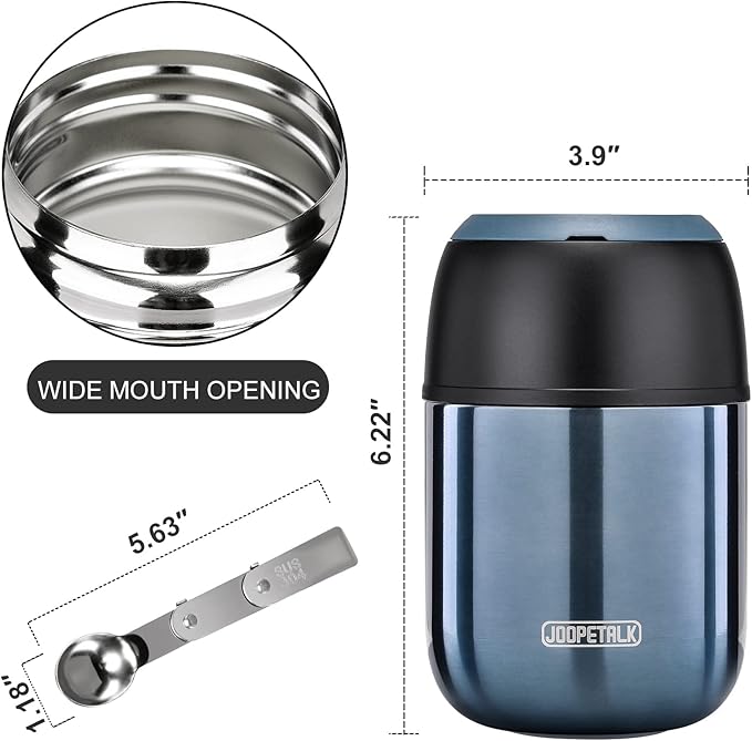 17 oz Insulated Lunch Containers, Blue, Vacuum Stainless Steel Thermo Lunch Box with Handle and Folding Spoon for School, Office, Travel