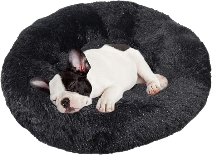 huraty Plush Dog Bed Pet Calming Fur Bed, Fluffy Donut Round Cat Beds, Anti-Slip & Anti-Anxiety, 16 Inch for Puppy and Kitties, Black, XS