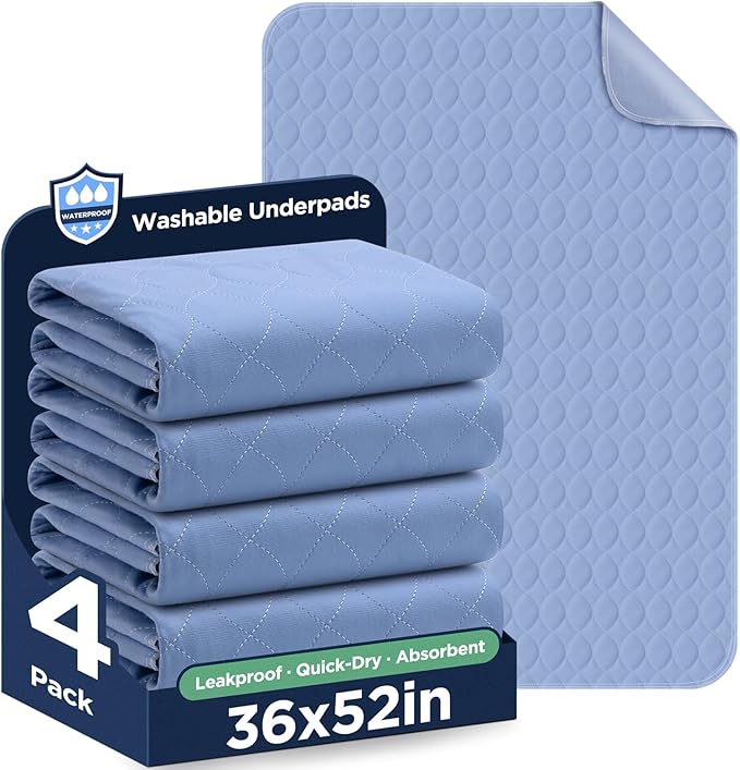 Washable Bed Pads 36" x 52" - 4 Pack, Blue, Waterproof Bed Pads for Incontinence, Bed Wetting Pads for Bed, Sofa, Floor, Resuable Underpads for Adults, Seniors, Pet