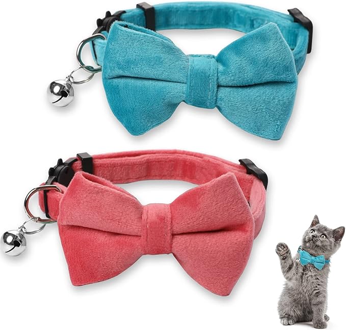 Sliverdew 2 Pcs Velvet Cat Bow Tie Collar Breakaway Cat Collar with Bell Adjustable Bowtie Kitten Small Puppy Safety Collar Solid Color Set Pet Bow Tie Collar (Pink, Blue)