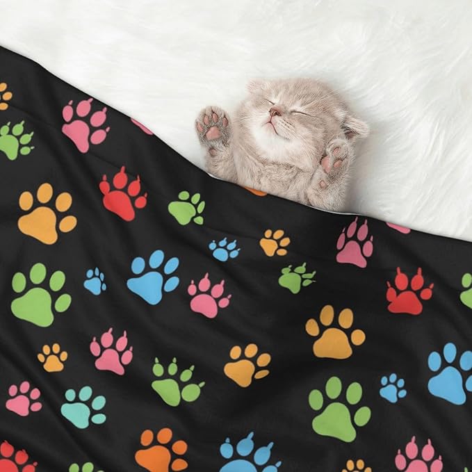 Double Sided Pet Mat for Dog Bed Topper Cat Blanket Furniture Protector, Pink Red Blue Green Dog Pug Paws, Reversible Plush with Tactile Dot Pattern for Style Change