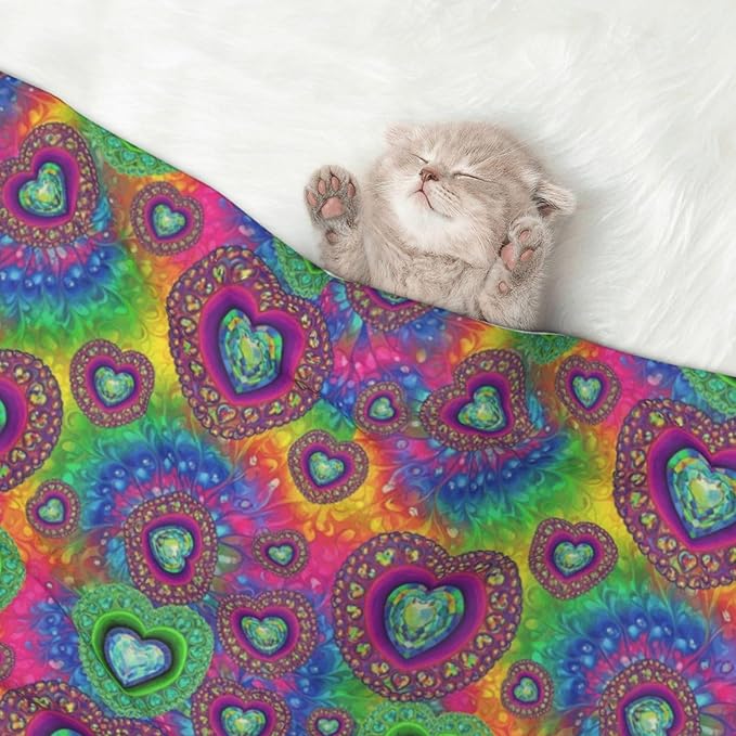 Dog and Cat Blanket in One, Tie Dye Psychedelic Purple Love Heart, Double Sided Plush Throw with Raised Dot Pattern on One Side and Flat Velvet on Other for Variety